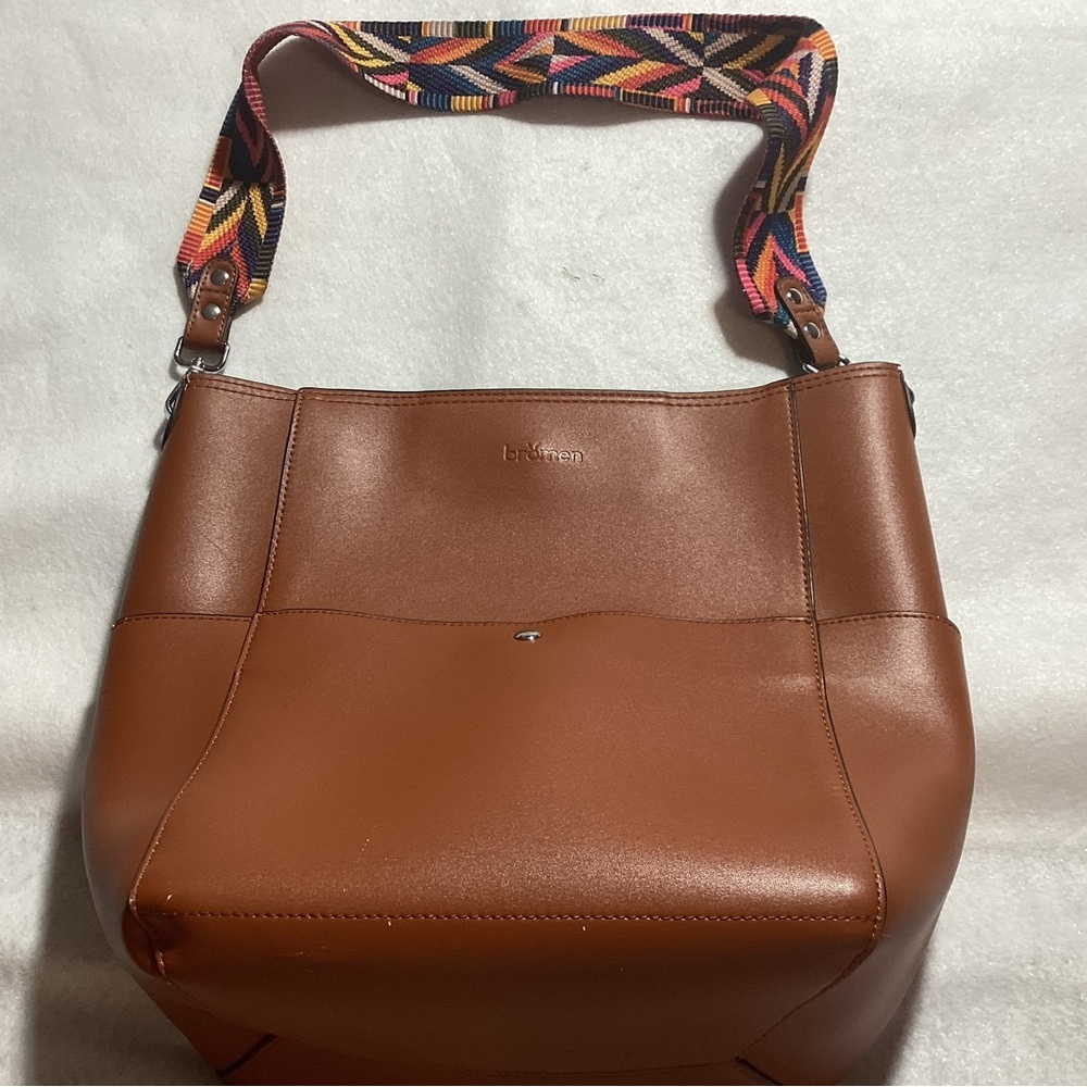 Bromen large bucket over the shoulder hobo purse. Brown leather  colorful strap